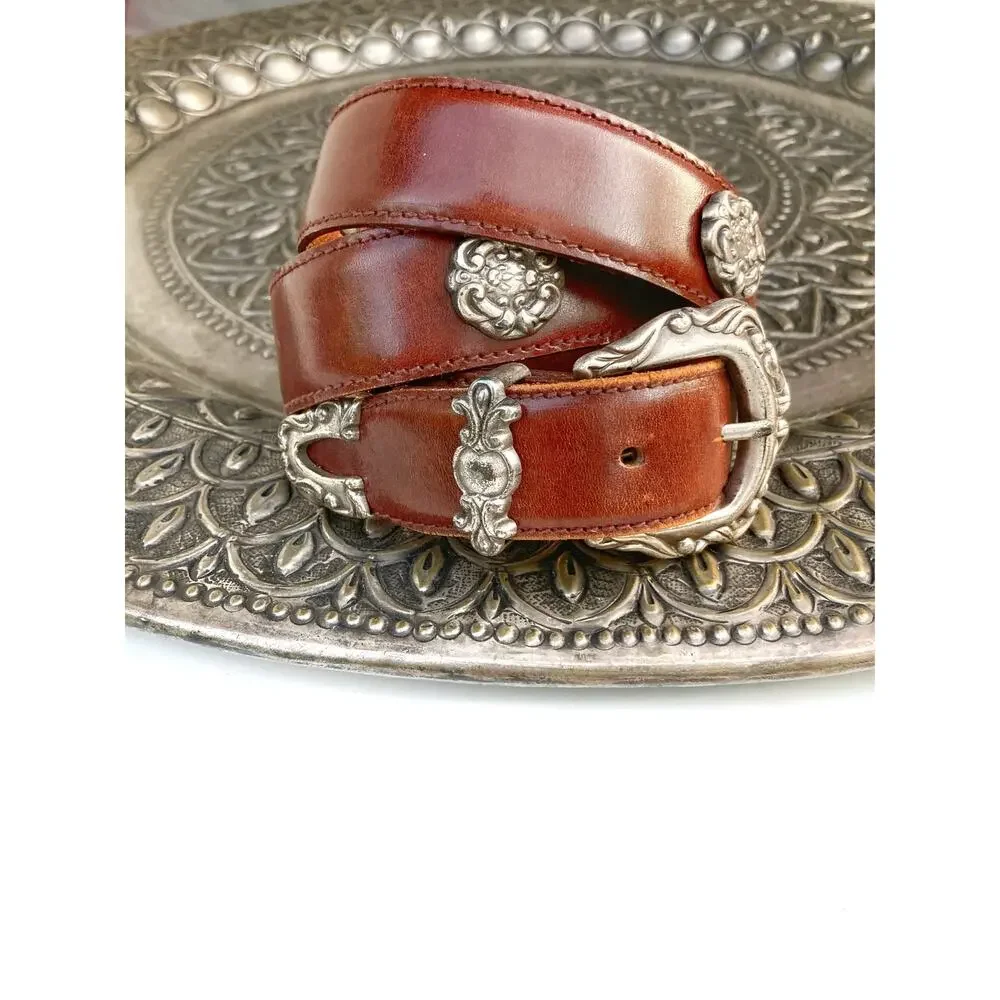 Vintage Fossil Cognac Leather Concho Belt Western Silver Floral Buckle Y2K Ranch